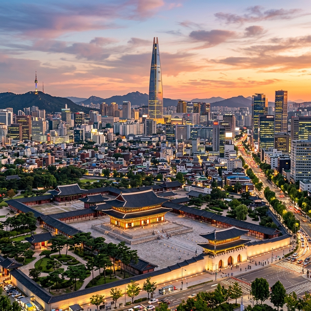 Seoul cityscape with traditional palace